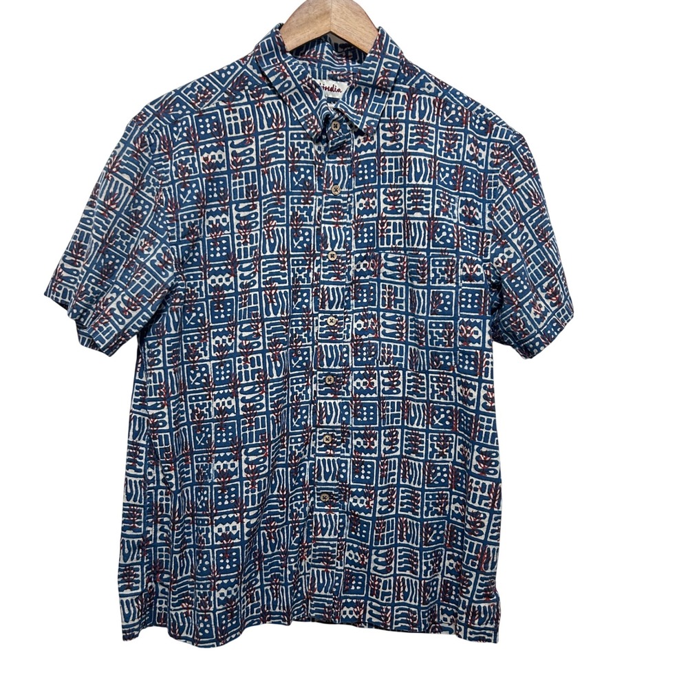 Fabindia Mens Boho Tribal Bush Shirt M Blue Block Print Straight Fit Cotton